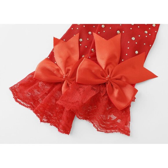 Women's Red Evening Rhinestone Short Bow Lace Tulle Sheer Sparkly Gloves - Picture 5 of 6